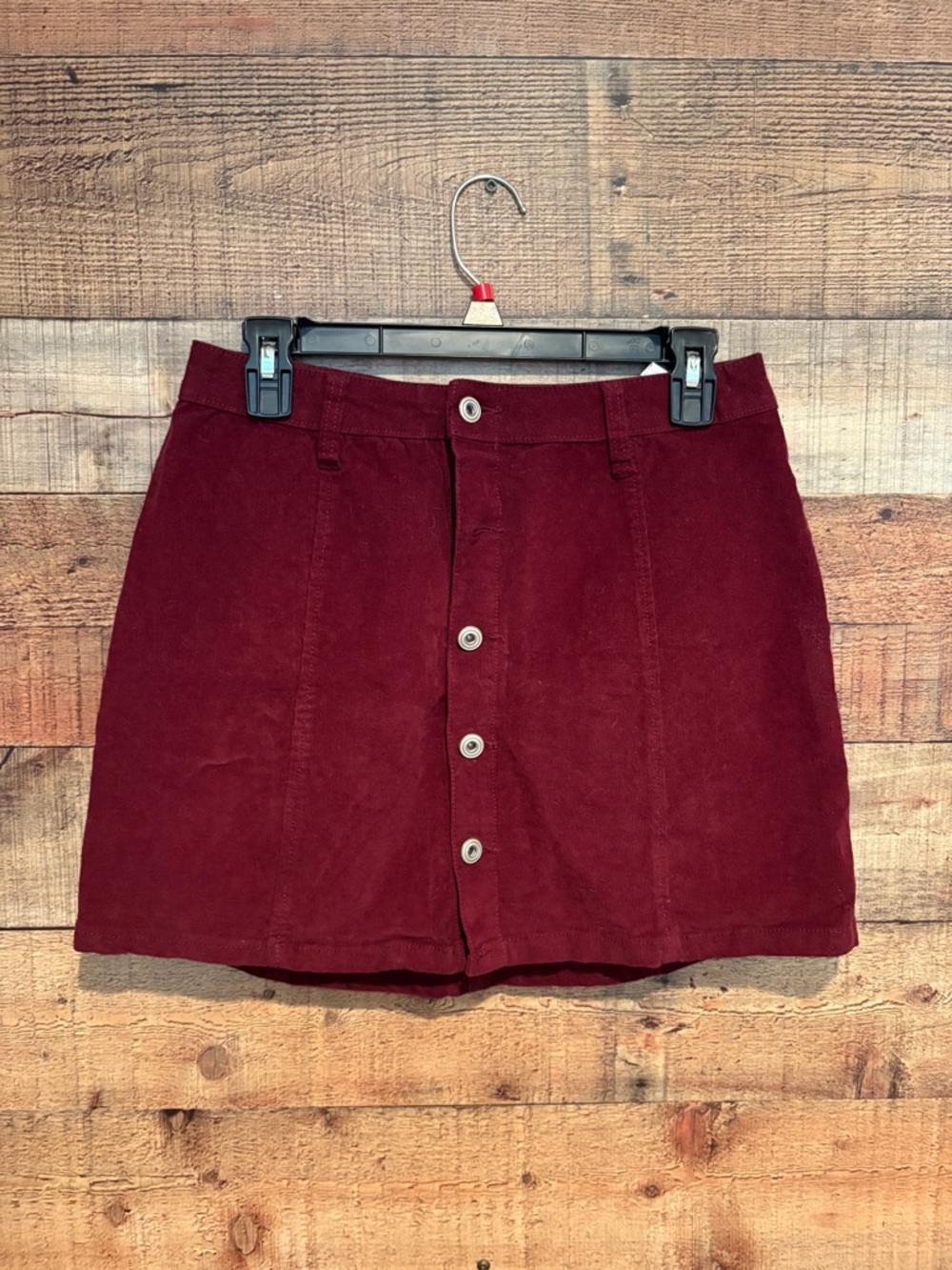 Button-Front Mini Skirt in Deep Burgundy